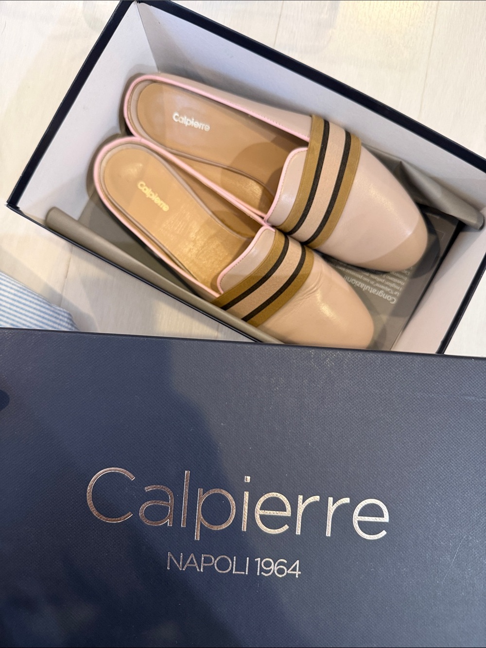 Beige with Pink Trim Leather Slip-On Mules with Striped Band Detail